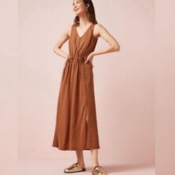 Athleta echo sleeves midi dress scoop neck lightweight brown sz Medium - Picture 1 of 5